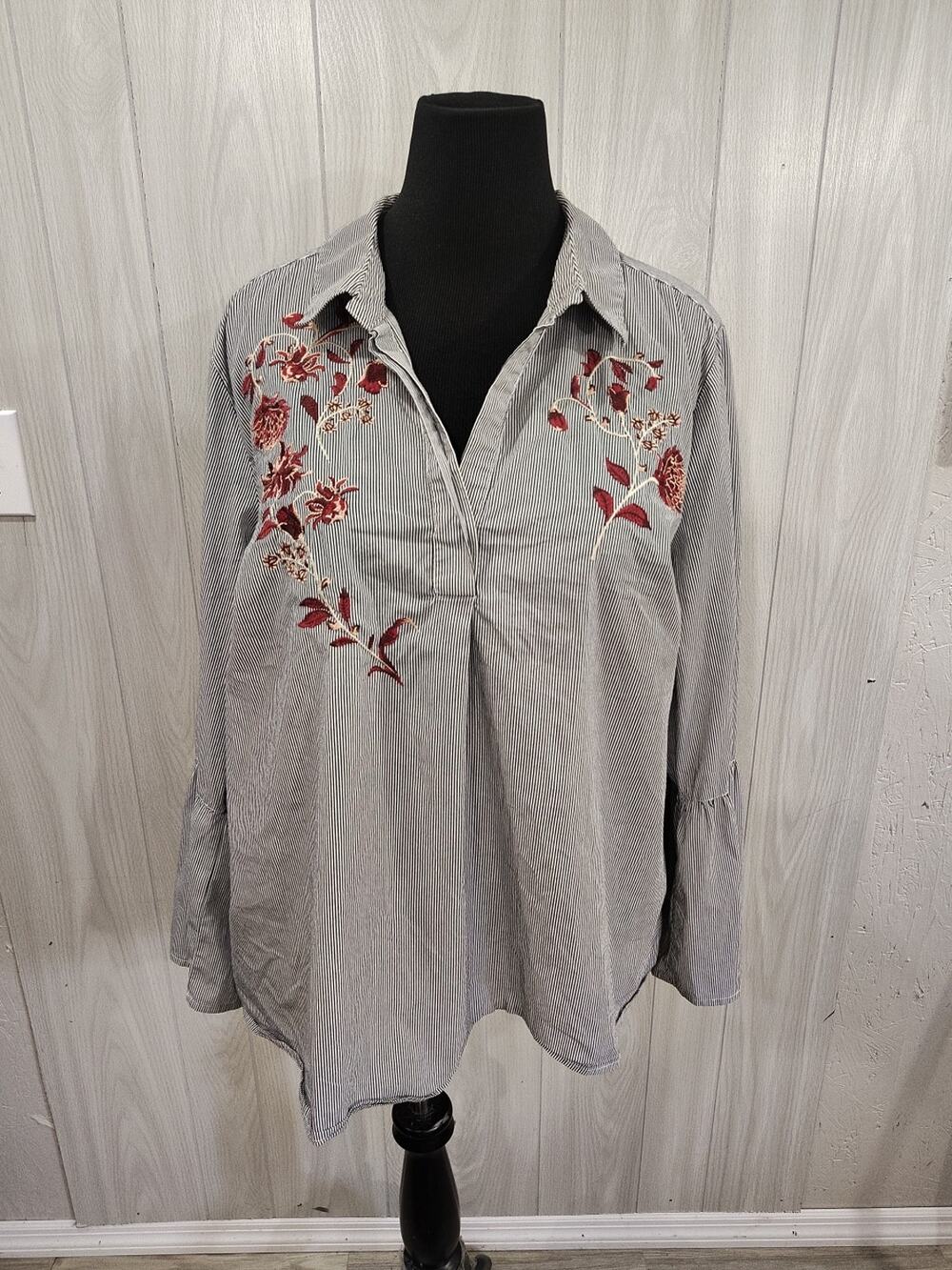 Jasmine And Juliana Striped Embroidered Floral Shirt Boho Size 2X Fairy Cottage